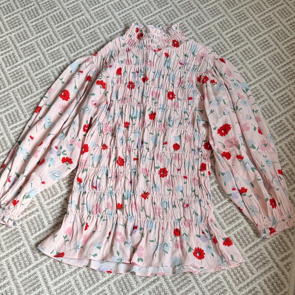 SAMSOE Pink Blouse with Red Floral Design